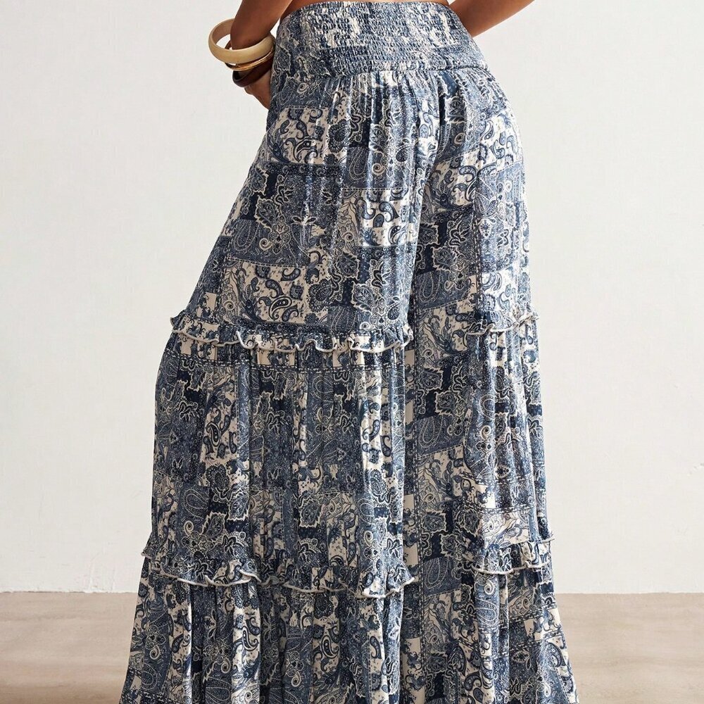 Blue Boho Women's Paisley Print Ruffled Wide Leg Pants - Picture 5 of 7